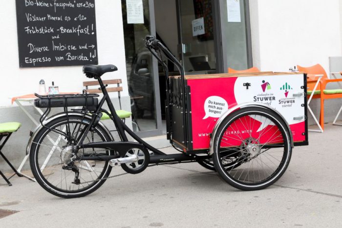 Grätzelräder sind Transportfahrräder die man sich kostenlos ausborgen kann. In Wien gibt es im Jahr 2018 14 Grätzlräder an 13 Standorten. Foto: Christian Fürthner