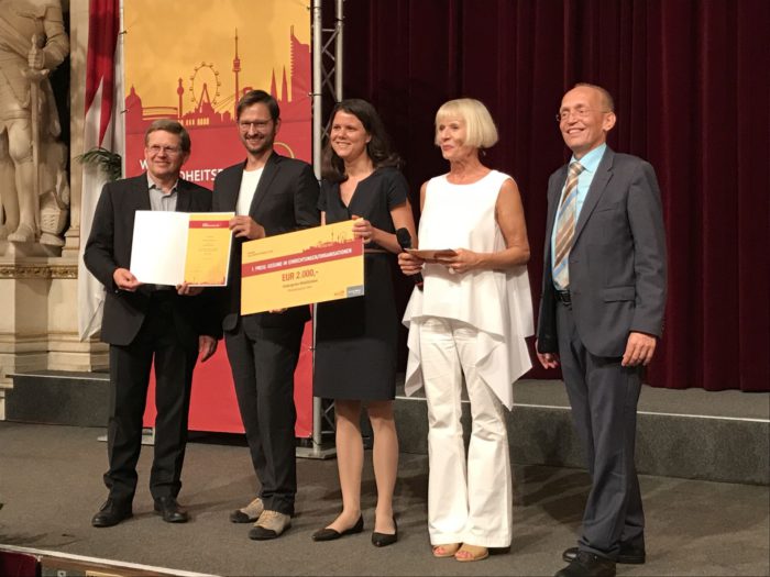 Wiener Gesundheitspreis 2018. v. l. n. r.: Gemeinderat Christian Deutsch, Martin Blum (Geschäftsführer Mobilitätsagentur Wien), Veronika Gradnitzer (Mobilitätsagentur Wien), Heilwig Pfanzelter (Moderation), Dennis Beck (Geschäftsführer WiG)