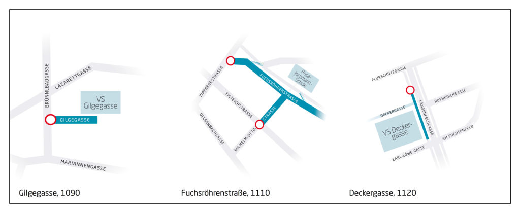 skizzierte Plandarstellung der drei Schulstraßenstandorte