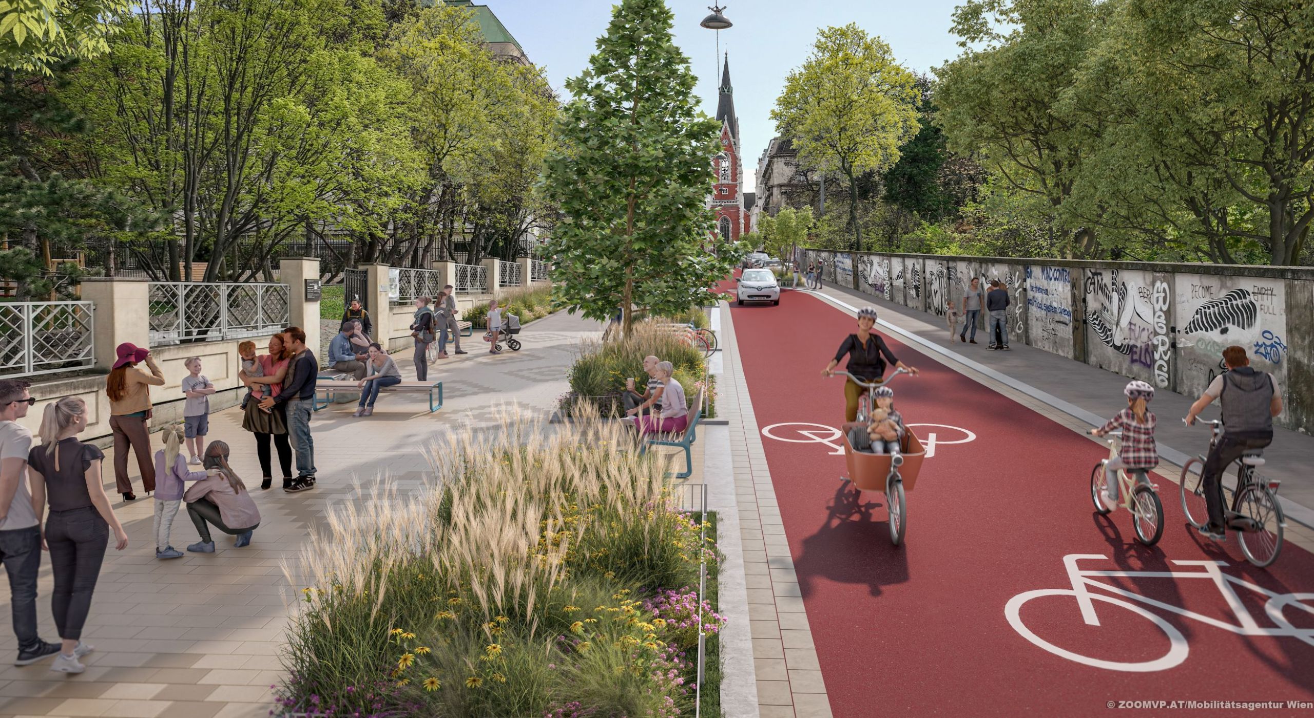 Visualisierung der Fahrradstraße in der Argentinierstraße auf Höhe des Benja-Parks